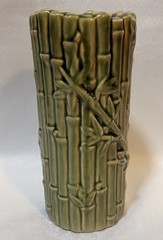 Vintage MCM Bamboo Vase Green Ceramic Tiki Planter Orchids Hawaii Style B-646