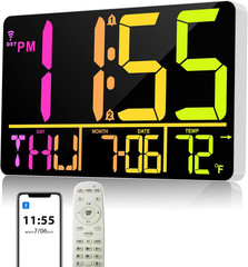 13″ Bluetooth Auto Sync Wall Clock- Large Digital Alarm Clock with Remote, RGB C
