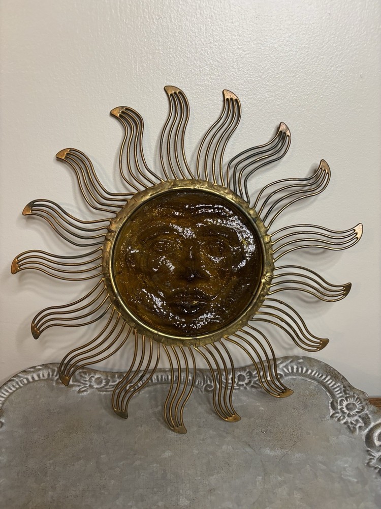 Celestial Sun Face Brass Metal Wall Art Amber Glass Face 12”
