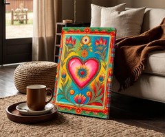 Sacred Heart Mexican Folk Art Canvas Print, Colorful Milagro Style Floral Decor