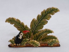 Retro Brass Baked Enamel Ornate Rhinestone Toucan Palm Letter Holder 3”x4”x1”