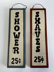 Set Of 2 Vintage Wooden “Shower & Shaves $.25”Signs. Hand Painted 14”. Signed