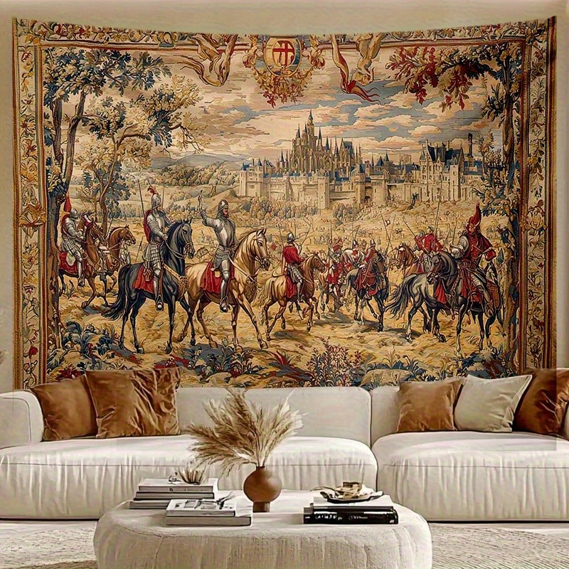 1pc Medieval Knight and Castle Tapestry Wall Hanging Vintage Armored Warriors,