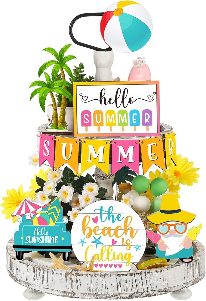 12 Pcs Tiered Tray Decor Set – Hello Summer Hawaii Farmhouse As Picture Shown