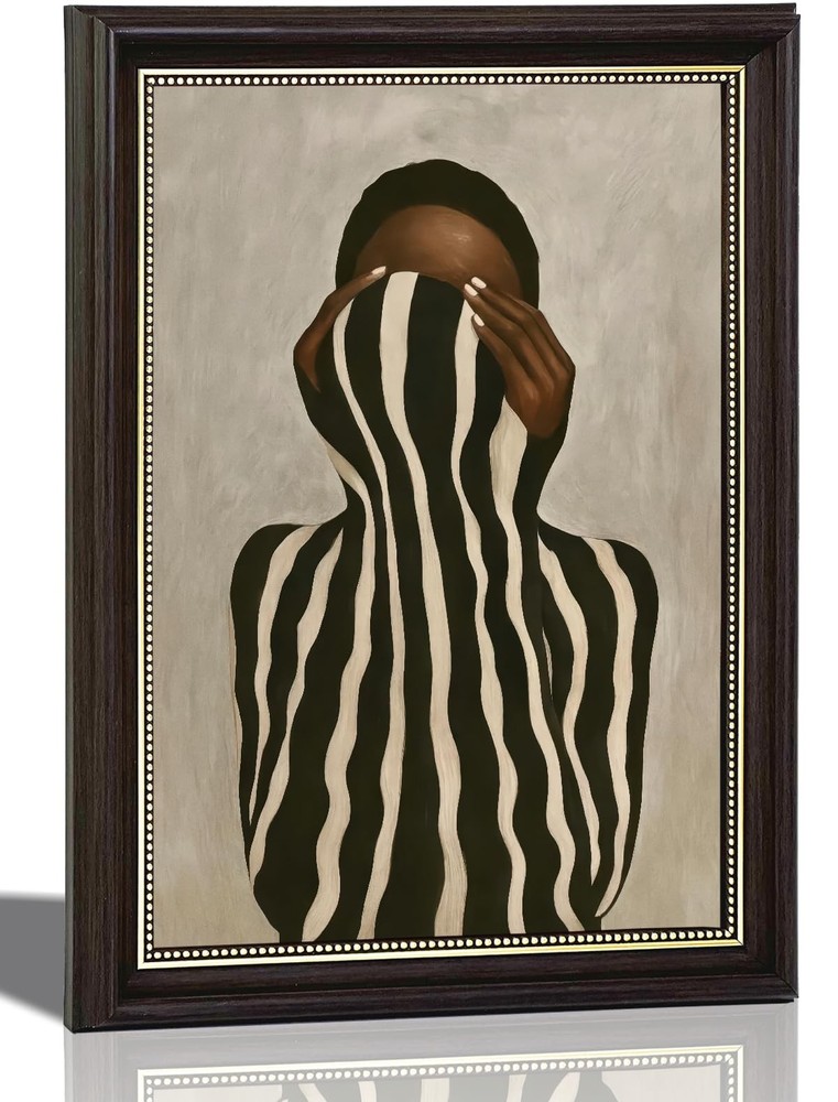 Dark Brown Framed Canvas Wall Art, Black White Striped Black Women Painting P…