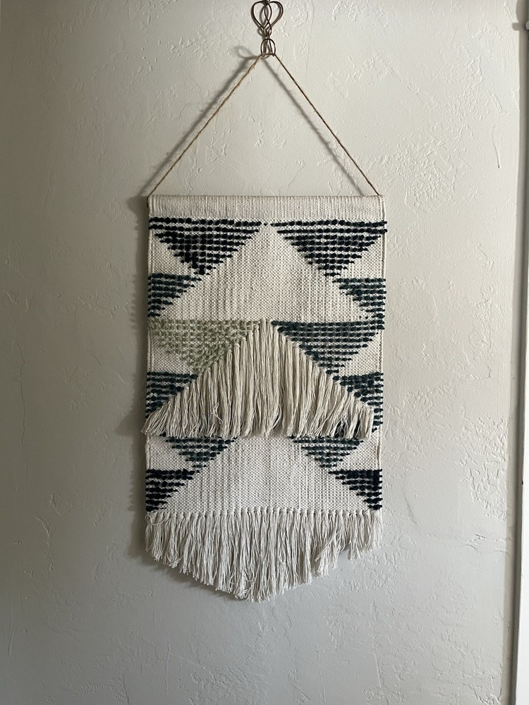 Boho Woven Macrame Wall Hanging Geometric Tapestry Fringe Decor 18×26 Blue Cream