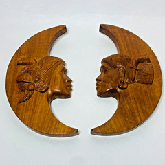 Vintage Pair of Native American Indian Wooden Carved Moons Wall Hangings