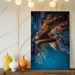Serene Cave Interior Featuring Dramatic Rock Formations With Elongated Wall Art