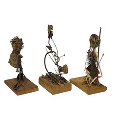 VTG Handmade Folk Art Twig Sculptures Set Wood Base Rustic Nature Figures 3pc