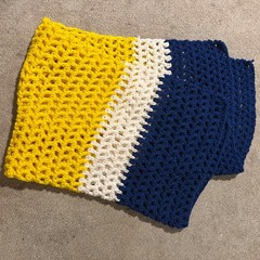 Handmade Afghan Chunky Knit Crochet Granny Blanket Blue White Yellow Colorblock