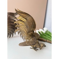 Vintage Solid Brass Fighting Roosters Figurine Sculpture | Dark Patina MCM Brass