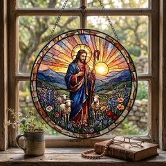 Christian Religious Art Suncatcher, Jesus Good Shepherd Window Hanging, Grandma