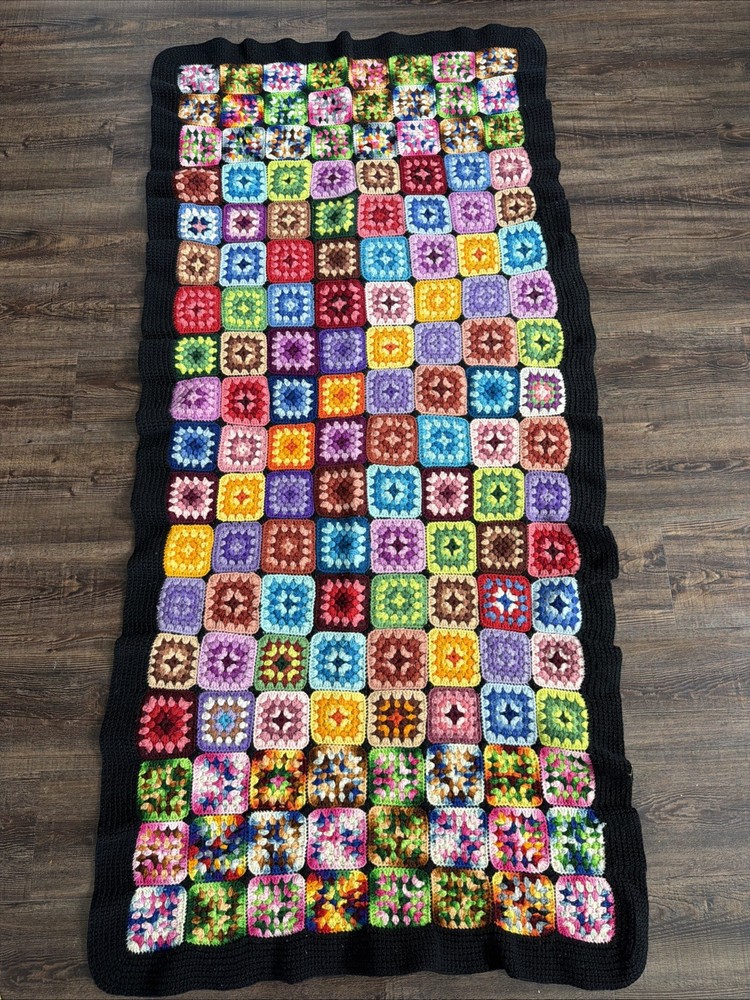 Vintage Granny Square Afghan Black Crocheted Multicolor Throw Blanket 32 X 67