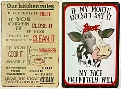 TWO 8×12 TIN SIGNS Kitchen rules clean manners coffee cow face funny mom mother