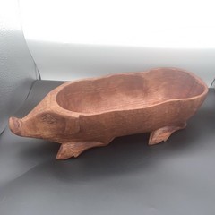VTG LG 15.75″ long x 5.5″ wide Hand Carved Wooden Pig Bowl Farm house Natural
