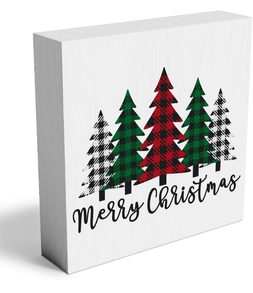 Merry Christmas Plaid Trees Wooden Box Sign Plaque 5x5in White Hollow Back Decor