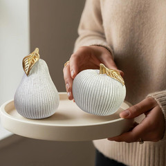 Apple and Pear Decor Set, Modern Fruit Sculpture Home Decor, White and Gold D…