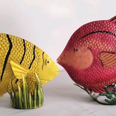 2 Metal Fish Sculptures Seagrass Base 15″ Yellow Tiger Stripe 14″ Red Angelfish