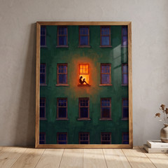 Night Window Poster Girl Reading Book Green Building Art Print Wall Decor