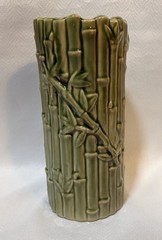 Vintage MCM Bamboo Vase Green Ceramic Tiki Planter Orchids Hawaii Style B-646