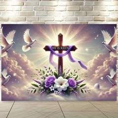 8x6ft Polyester Easter Resurrection Cross Backdrop Banner – He Is Risen Design