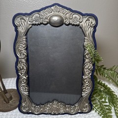 Vtg Ornate Silver Tone Picture Frame Blue Velvet Back Holds 5.5×8 Free Standing