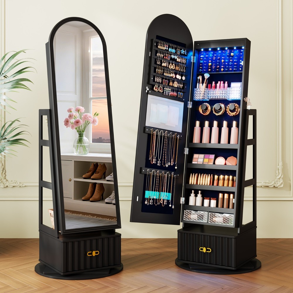 Floor Standing Jewelry Cabinet with LED Lights, 360° Rotating Jewelry Organizer