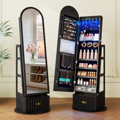 Floor Standing Jewelry Cabinet with LED Lights, 360° Rotating Jewelry Organizer