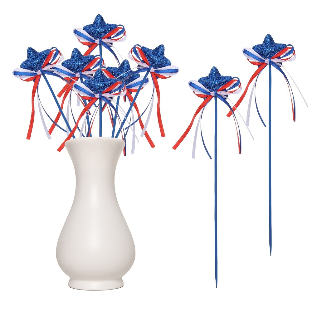 6 Pcs 4th of July Glitter Star Picks 8″ Sparkly Sticks with Bowknot (Navy Blue)