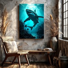 Canvas Great White Shark Ocean Underwater Coastal Home Room Elegant Boho Print