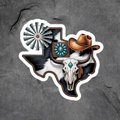 Texas Sticker Vinyl Decal Western Cowhide Longhorn Skull Windmill Rustic Ranch
