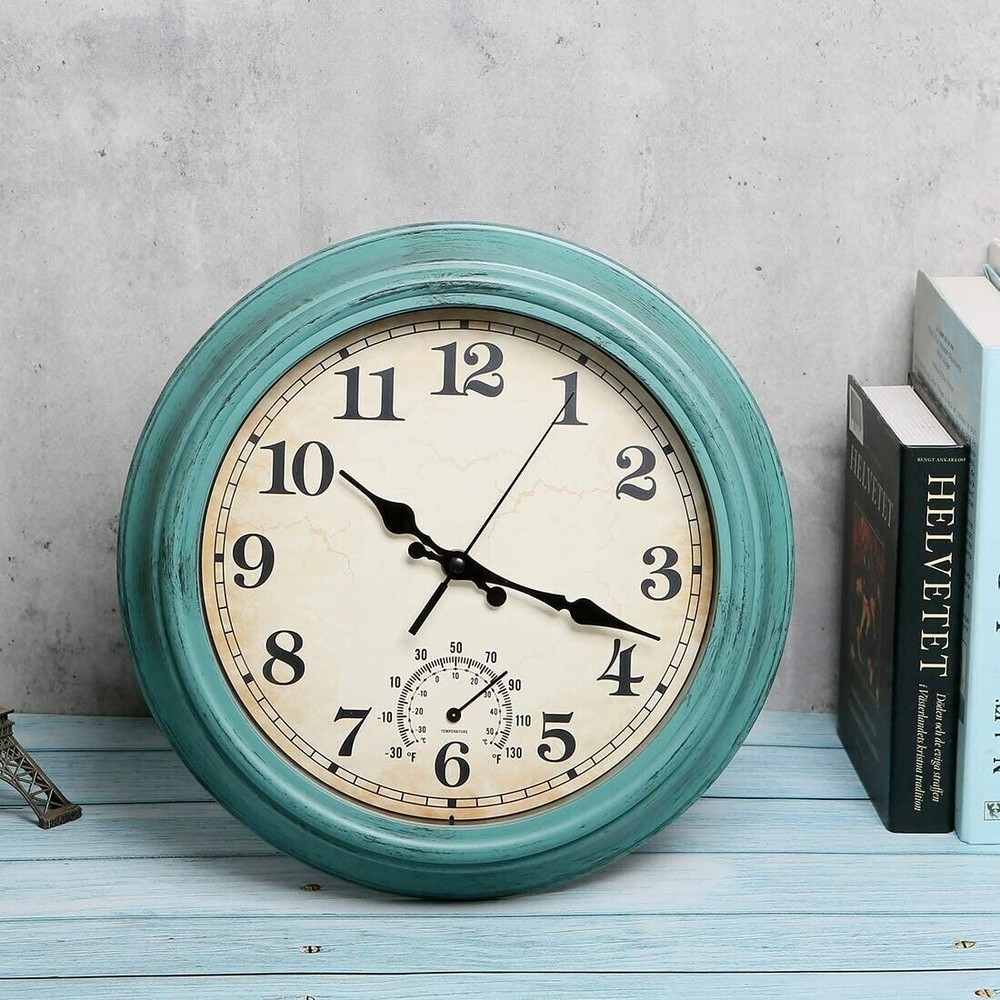 Vintage 12″ Indoor/Outdoor Water Resistant Retro Wall Clock with Thermometer