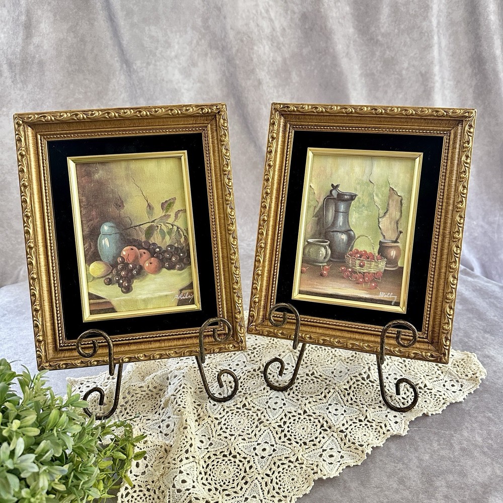 VTG Still Life Fruit Prints Pair Ornate Gold Tone Black Velvet Mats 8×10 MCM