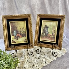 VTG Still Life Fruit Prints Pair Ornate Gold Tone Black Velvet Mats 8×10 MCM