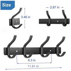 Black Wall Hooks, 12 Inch Coat Rack Wall Mount with 4 Hooks, Wall Hooks Heavy…