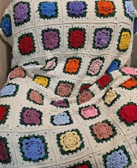 Vintage Crochet 3D Rose Afghan Blanket Granny Square MultiColored Queen 52″x82″
