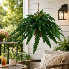 32” Artificial Large Boston Fern Plant In Hanging Basket Home Decor. Retail $99