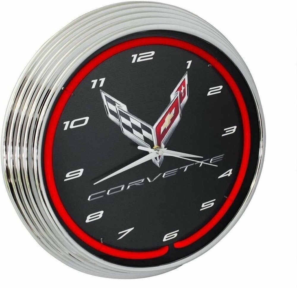 C8 Corvette Clock – 15″ Neon Wall Clock with C8 Crossed Flags Logo