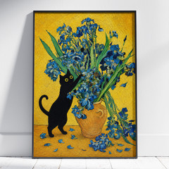 Black Cat Iris Poster Canvas – Blue Floral Oil Painting Wall Art Home Decor Gift