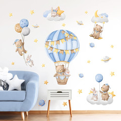 Blue Hot Air Balloon Wall Stickers Cartoon Bear Rabbit Stars Planets Wall Dec…