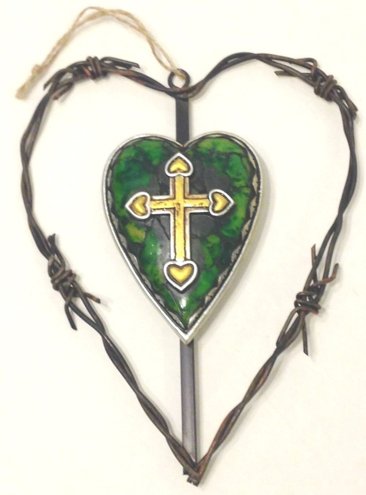 Heart Cross Metal Decor Green & Yellow Wall Hanging 6 1/2×8 1/2 Inches New
