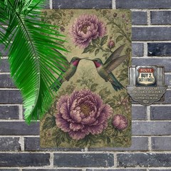 Symmetrical Purple Peonies Hummingbirds Tin Sign Vintage Floral Botanical Poster