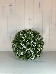 W&C Artificial Boxwood Topiary Ball With White Blooms -The Lane, 21 in, UV Rated