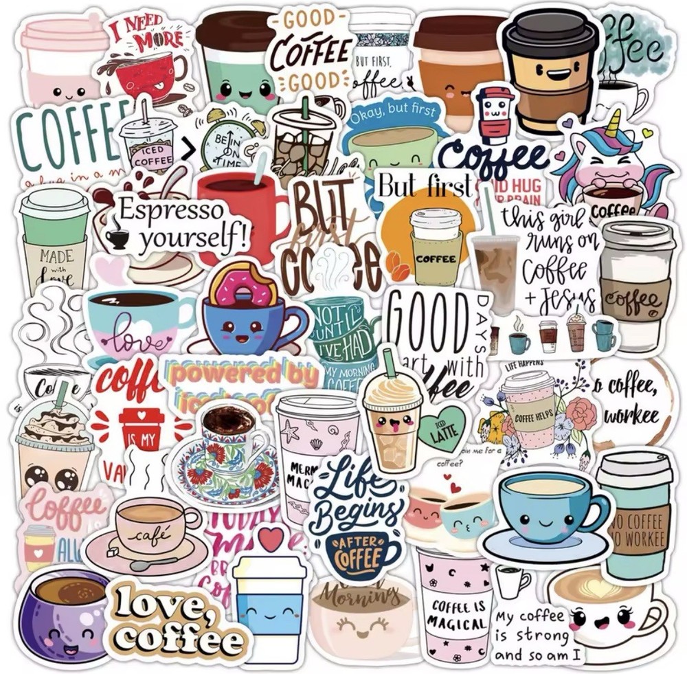 Coffee Fun Style Stickers 50pk Mixed Coffee Espresso Fun Stickers FREE SHIPPING