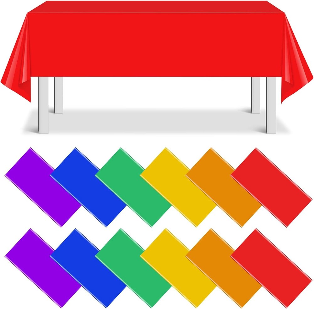 12 Pack Assorted Color Rectangle Plastic Tablecloth Disposable Rainbow