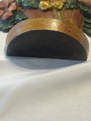 VTG Cast Iron Doorstop Bookend Orange Yellow Flowers in Barrel Cottage-core 7in