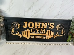 Personalized Carved Wood Sign~”JOHN’S GYM” No Excuses~Custom Made Black~NICE!