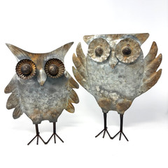 2 Galvanized Metal Tin Owl Free Standing Art Statues Lawn Yard Garden Decor