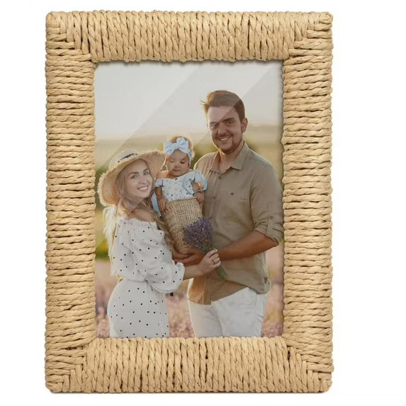 Boho 4×6 Picture Frame, Natural Boho Rattan Photo Frame with Real Glass Paper