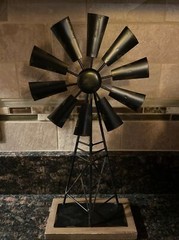 Rustic Farmhouse Metal Windmill on Wood Base Table Decor 15 Inches Free Shipping